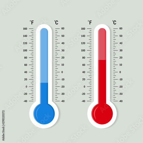 Flat meteorology thermometers scale. Hot, cold temperature icon. Accuracy meteorology fahrenheit and celsius scales. Measuring equipment for weather temperature. vector isolated