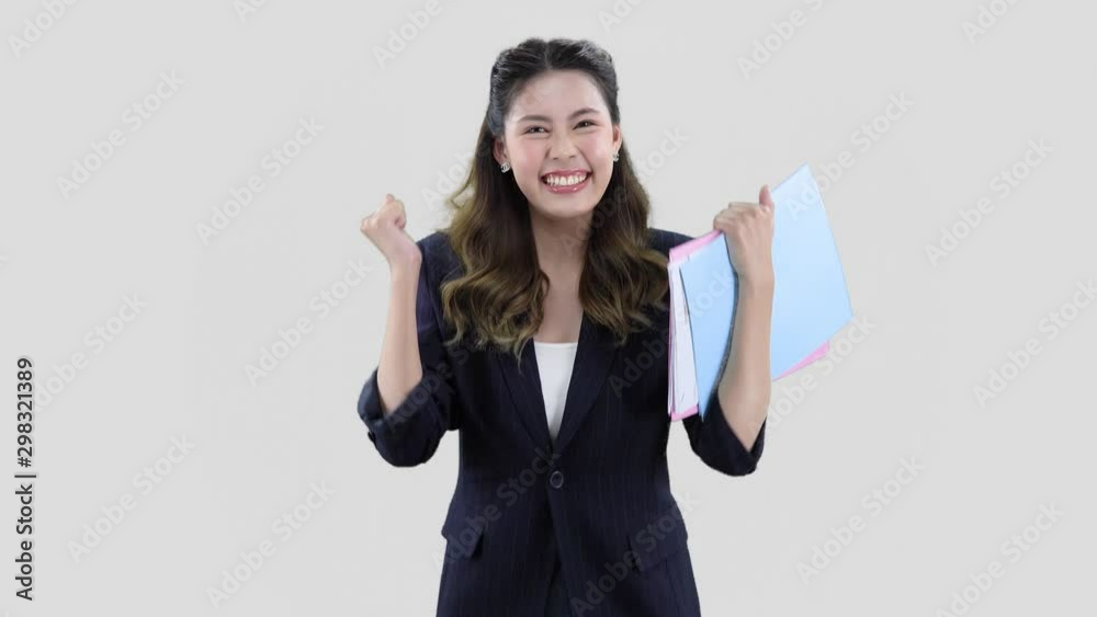 Portrait of young model wearing dark blue striped jacket, holding paper folders Portrait of young model wearing dark blue striped jacket, holding paper folders
