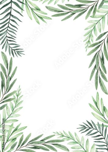 Christmas frame with eucalyptus  fir branch and mistletoe - Watercolor illustration. Happy new year. Winter background with greenery design elements. Perfect for cards  invitations  banners  posters 
