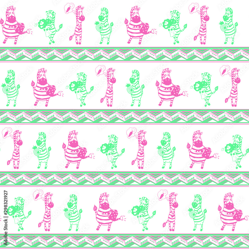 Seamless pattern with different zebras, flowers, fruits in pink and green colors Seamless pattern with different zebras, flowers, fruits in pink and green colors