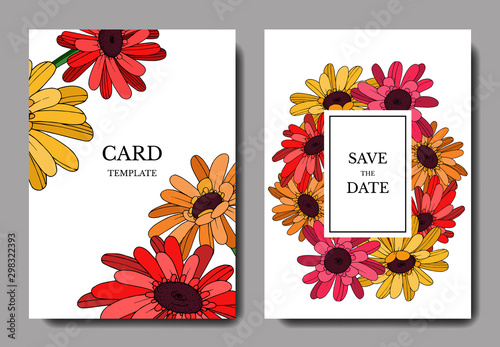 Vector Gerbera floral botanical flower. Black and white engraved ink art. Wedding background card.