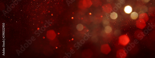 Fényképezés background of abstract red, gold and black glitter lights
