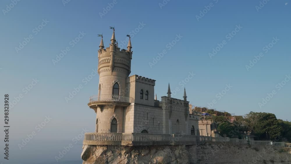 Aerial view Crimean well-known Swallow nest Castle at golden dawn