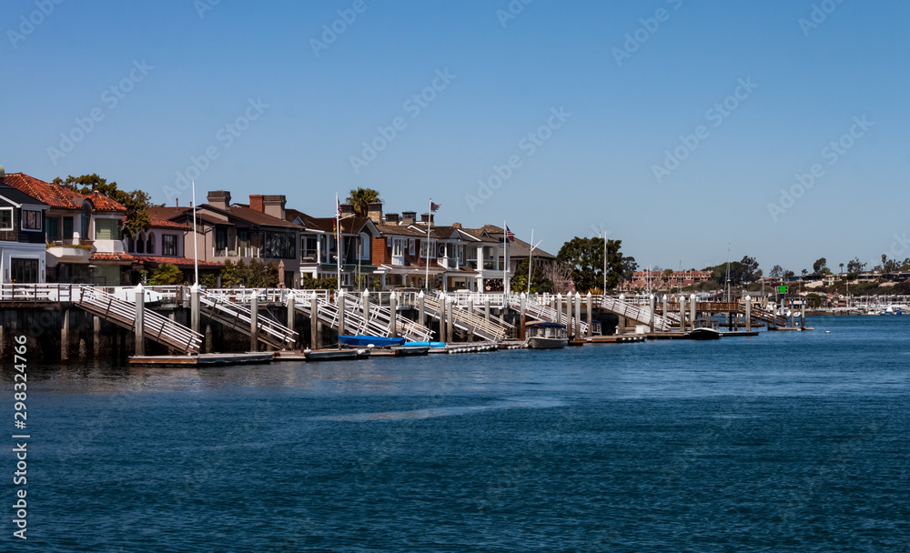 waterfront homes on Newport Beach harbor in California