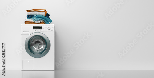 Modern bathroom with shiny white cabinets and washing machine, 3d rendering