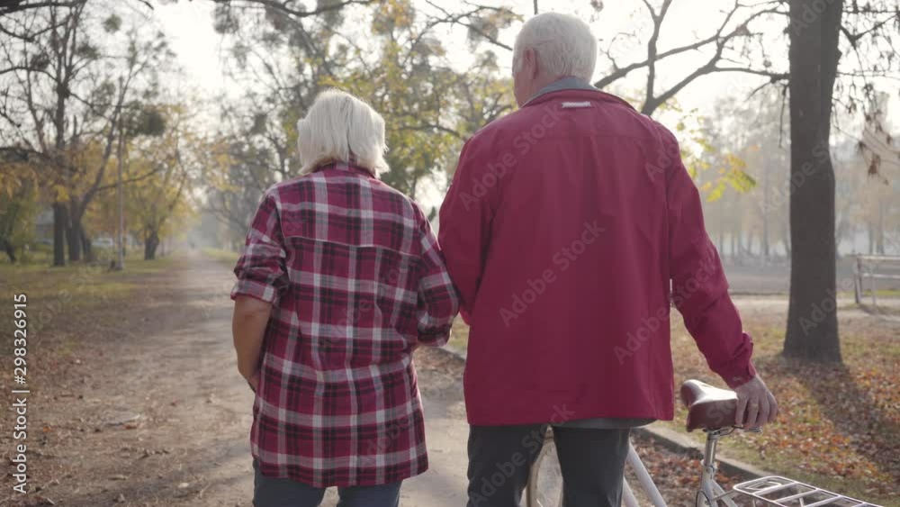 Back view of mature Caucasian couple walking along the alley in the park. Happy retired senior family spending autumn evening outdoors. Aging together, eternal love concept. Back view of mature Caucasian couple walking along the alley in the park. Happy retired senior family spending autumn evening outdoors. Aging together, eternal love concept.