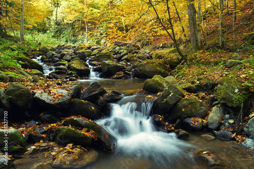 Waterfall in the mountains, autumn landscape in deep forest