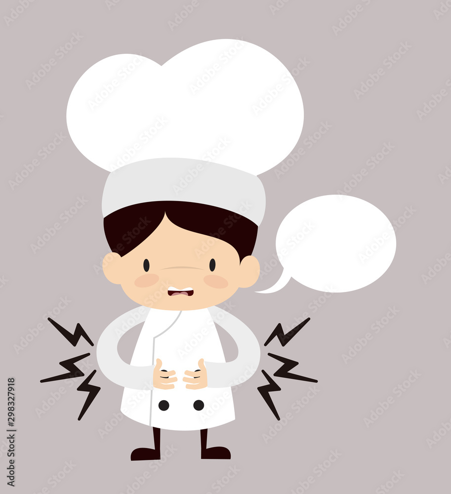 Cute Cartoon Chef - Feeling Pain in Stomach with Speech Bubble Cute Cartoon Chef - Feeling Pain in Stomach with Speech Bubble