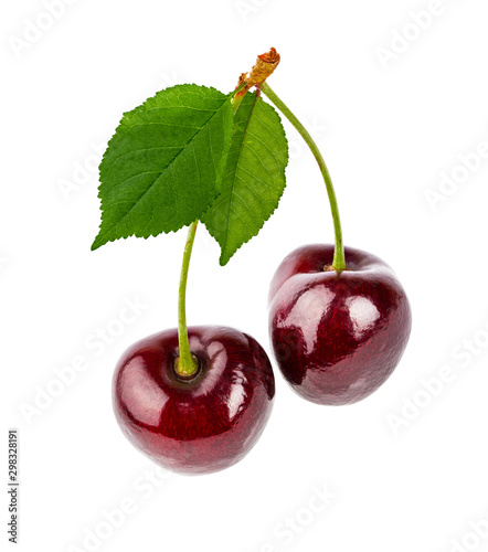 Cherries with leaf isolated on white background with clipping path