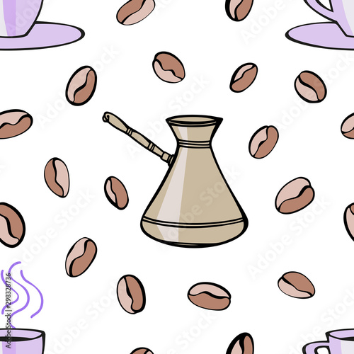 Coffee seamless pattern with coffee beans and accessories in hand drawn sketch style. Colorful vector illustration on white.
