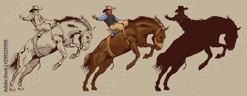 Fotografia, Obraz Print cowboy riding a wild horse mustang rounding a kicking horse on a rodeo gra