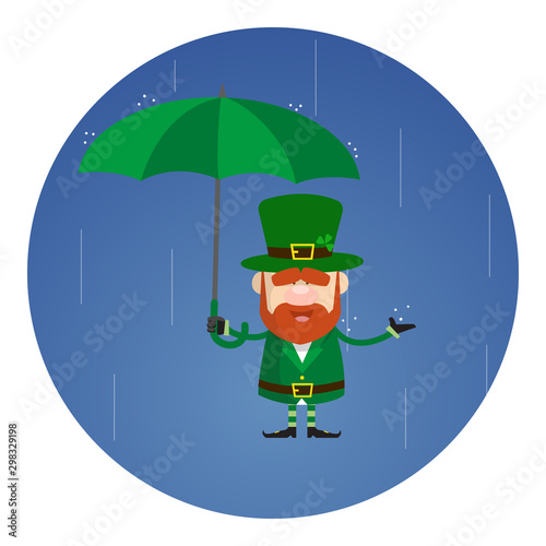 Cute Leprechaun Cartoon Standing in Rain with Umbrella photo