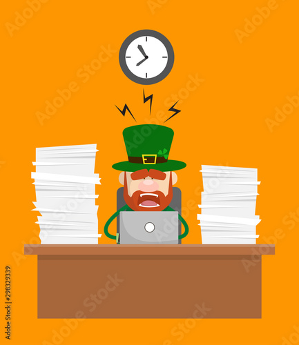 Cute Leprechaun Cartoon - Frustrated from Office Work photo