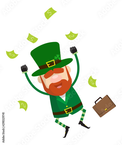 Cute Leprechaun Cartoon - Jumping in Excitement with money photo