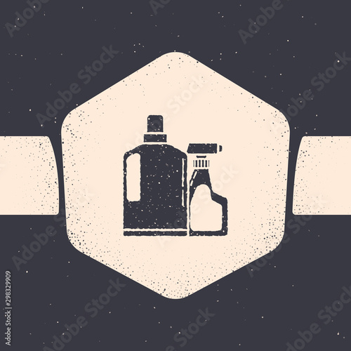 Grunge Plastic bottles for liquid laundry detergent, bleach, dishwashing liquid or another cleaning agent icon isolated on grey background. Monochrome vintage drawing. Vector Illustration