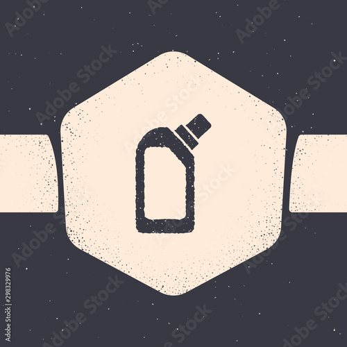 Grunge Plastic bottle for liquid laundry detergent, bleach, dishwashing liquid or another cleaning agent icon isolated on grey background. Monochrome vintage drawing. Vector Illustration