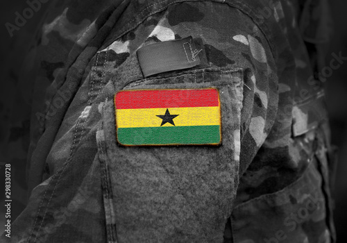 Flag of Ghana on military uniform. Army, troops, soldiers, Africa, (collage).