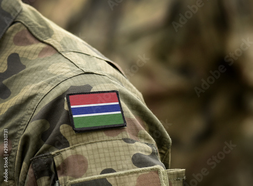 Flag of The Gambia on military uniform. Army, troops, soldiers, Africa,(collage).