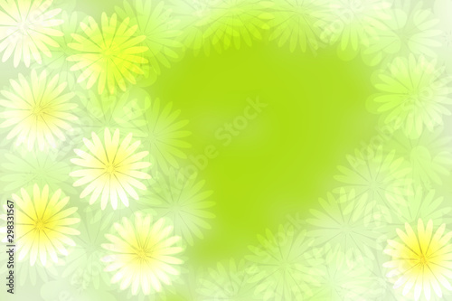 Hello spring background. Abstract floral frame design of colorful daisy flowers on light green background. Template for spring, greeting card, Mothers day, invitation or other holidays. Space.