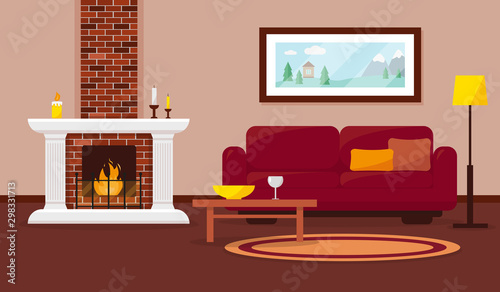 Cozy livingroom with fireplace, furniture and picture on the wall. Interior design vector illustration.