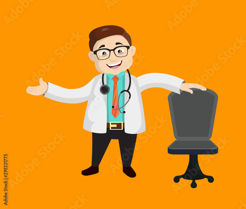Dermatologist Doctor - Standing with Chair and Gesturing with Hand