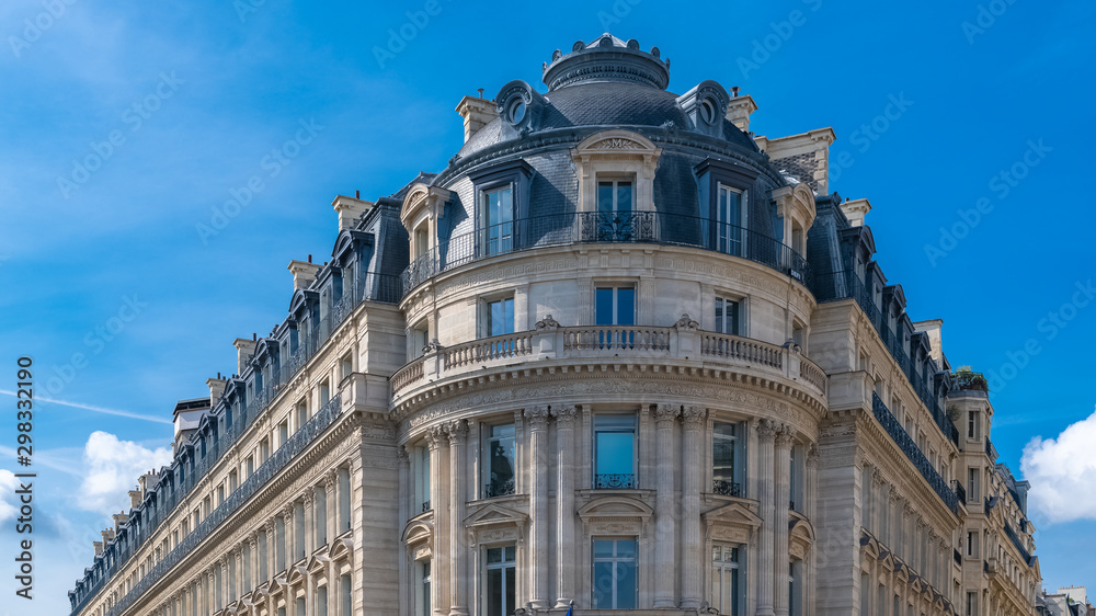 Paris, France, beautiful building, panorama of typical parisian facade