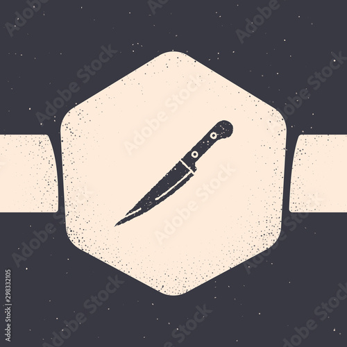 Grunge Knife icon isolated on grey background. Cutlery symbol. Monochrome vintage drawing. Vector Illustration