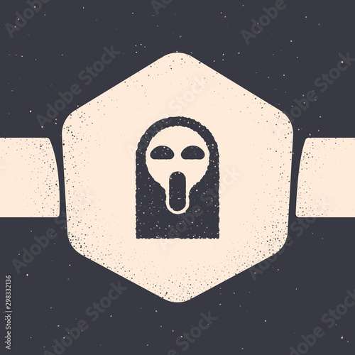 Grunge Funny and scary ghost mask for Halloween icon isolated on grey background. Happy Halloween party. Monochrome vintage drawing. Vector Illustration