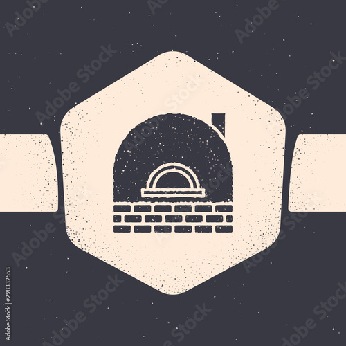 Grunge Brick stove icon isolated on grey background. Brick fireplace, masonry stove, stone oven icon.Monochrome vintage drawing. Vector Illustration