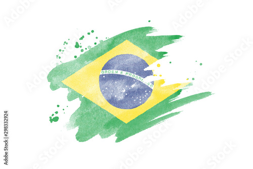 National flag of Brazil. Stylized Brazilian flag with watercolor halftone effect on plain background photo