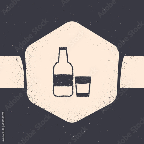 Grunge Closed glass bottle with milk and glass icon isolated on grey background. Monochrome vintage drawing. Vector Illustration