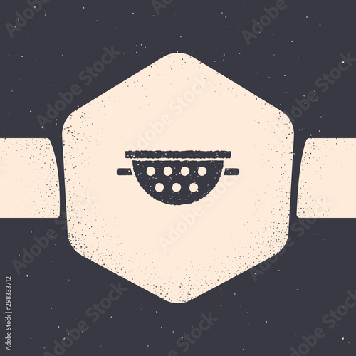 Grunge Kitchen colander icon isolated on grey background. Cooking utensil. Cutlery sign. Monochrome vintage drawing. Vector Illustration