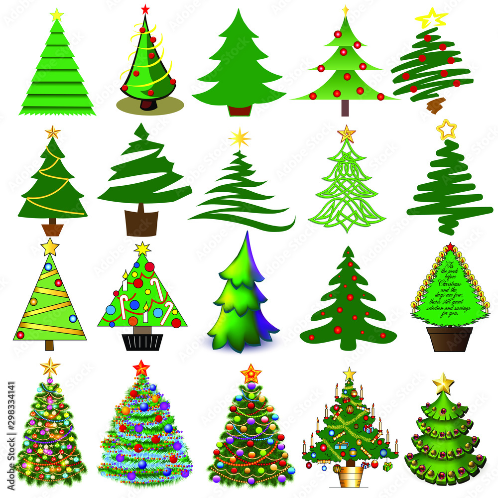 Illustration set of Christmas and New Year trees  with toys and gifts.