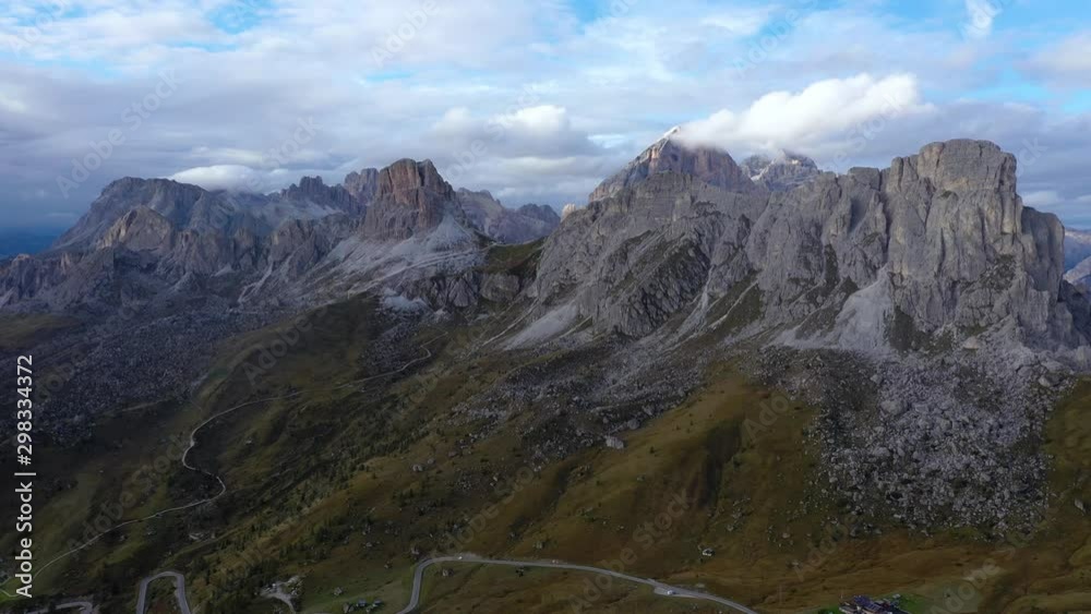 Aerial view fly over Italian Dolomites Alps ,Pass Giau. camera moves forwards Aerial view fly over Italian Dolomites Alps ,Pass Giau. camera moves forwards