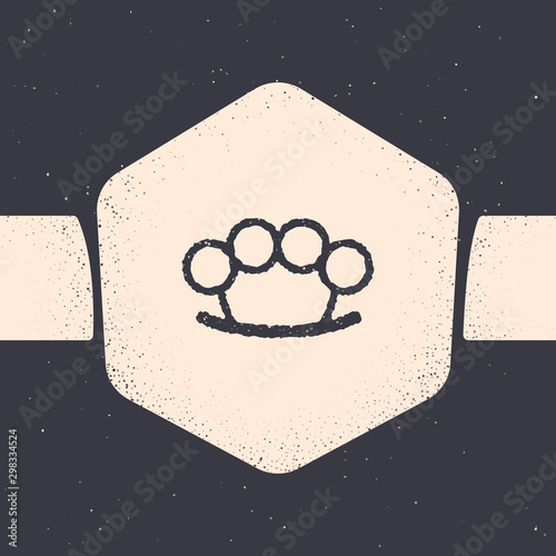 Grunge Brass knuckles icon isolated on grey background. Monochrome vintage drawing. Vector Illustration
