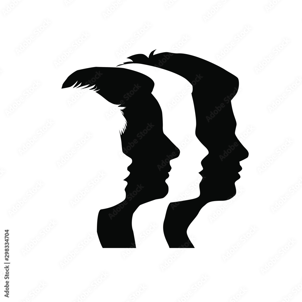  Head silhouettes of man, women and boy in profile, vector avatar,  black color, isolated on white background