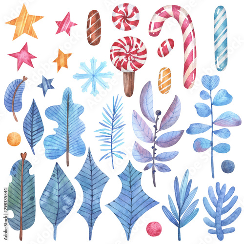 Watercolor elements for Christmas and New Year to create designs and prints.