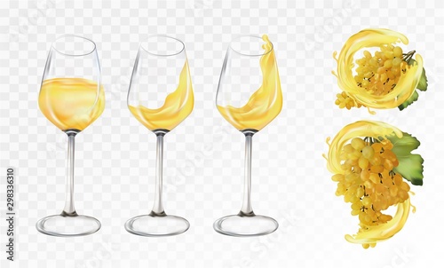 White grapes wine in glasses on transparent background. Splashes white wine. 3D Vector illustration