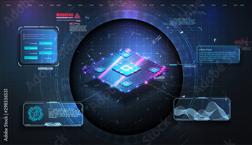 Microchip close-up on futuristic technological background. Analysis and scanning of the chip. Central Computer Processors CPU concept.Digital chip. Quantum computer, large data processing, database