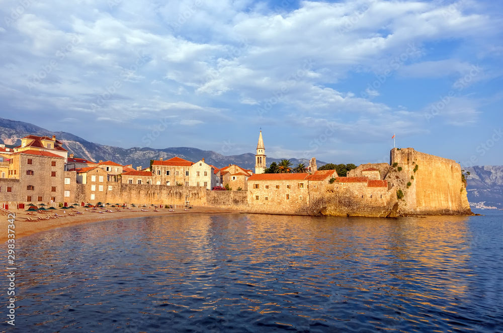 Budva, Montenegro, the walls of the old city at sunset