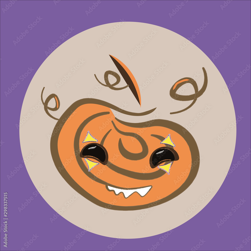 Halloween pumpkin with happy face on purple background. Vector cartoon Illustration.