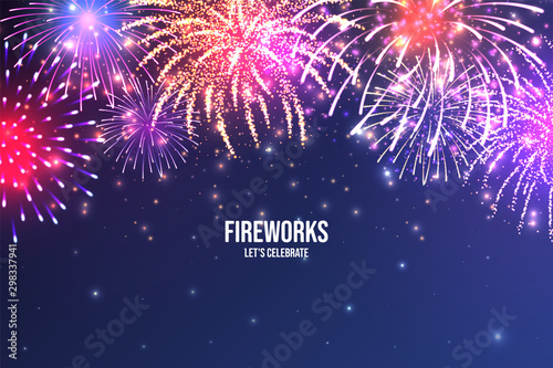Festive fireworks. Realistic colorful firework on blue abstract background. Multicolored explosion. Christmas or New Year greeting card. Diwali festival of lights. Vector illustration.
