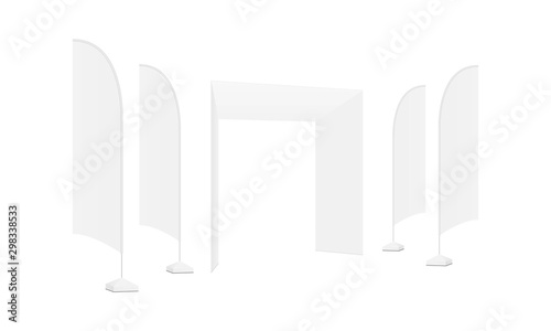 Outdoor exhibition equipment: trade show arch and advertising flags isolated on white background. Vector illustration