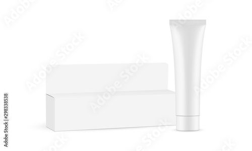 Plastic tube with rectangular horizontal box isolated on white background. Mockup for toothpaste or cream. Vector illustration