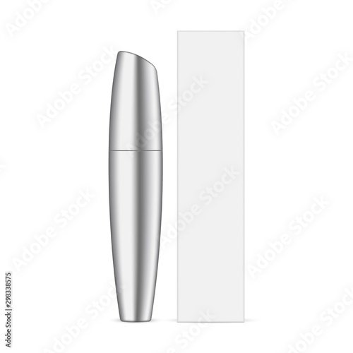 Metallic mascara tube with packaging box isolated on white background. Vector illustration
