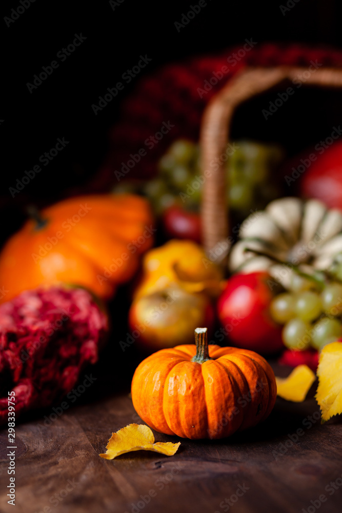 Autumn, harvest time. Composition with ripe organic pumpkins, apples, red scarf and yellow leaves. Basket on background. Low key, dark and moody