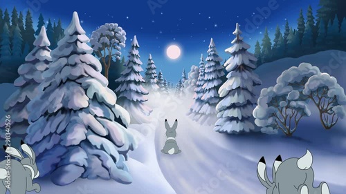 Christmas animated card with Santa Claus and hares. Hand drawn animation with greeting text Merry Christmas! Full HD. 25 fps