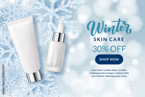 Winter treatment, skincare cosmetic banner, poster design template. Vector realistic 3d illustration of cream package