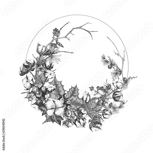 Hand drawn botanical sketch garland with christmas plants Vintage engraving black and white style illustration Traditional holiday decoration.