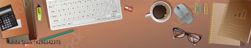 Office desktop computer, desk. Top view. Vector background illustration. Stationery, work space creative designer. Place for working, cabinet table.